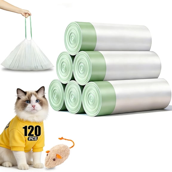 Self Cleaning Cat Litter Box Liners, 120 Count Pre-Separated Heavy Duty Automatic Litter Box Bags with Drawstring, 18"x12.6" for Control Home Use, White