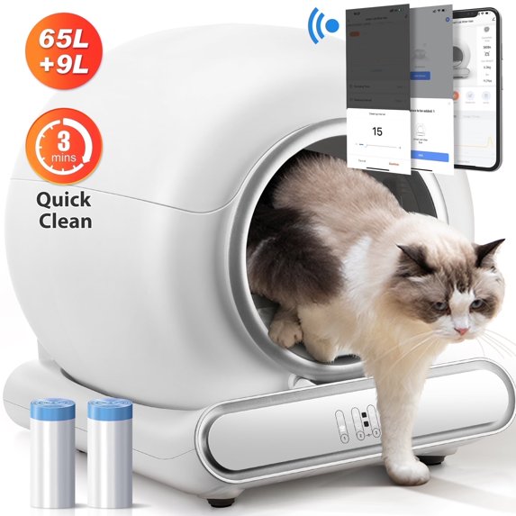 Self-Cleaning Cat Litter Box for Multiple Cats, Automatic 65 L Capacity with WiFi APP Control, Health Monitoring, Odor Control, Quiet Operation, Includes 2 Liner Rolls, Easy Setup