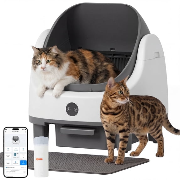 Dateyes Open Top Self-Cleaning Cat Litter Box, Smart App Control with Safety Sensors, Includes Litter Mat & Odor Fragrance Box, White