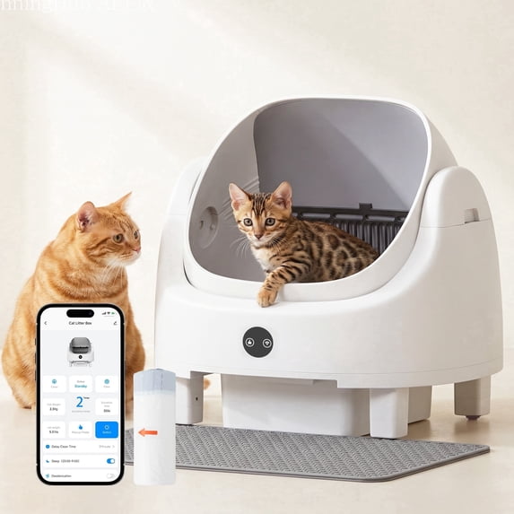 Dateyes Open Top Self-Cleaning Cat Litter Box, Smart App Control with Safety Sensors, Includes Litter Mat & Odor Fragrance Box, White
