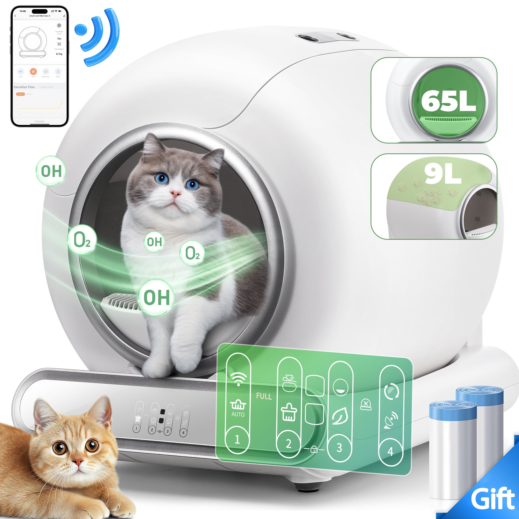 Automatic Self-Cleaning Cat Litter Box for Muti Cat with Odor Removal, Safety Protection, Cat Litter Box with 2 Rol Liners