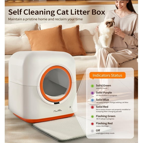 Self-Cleaning Litter Box 60L with Automatic App Control Odor-Eliminating PIR Motion Sensors and Includes Waste Bags for Multiple Cats