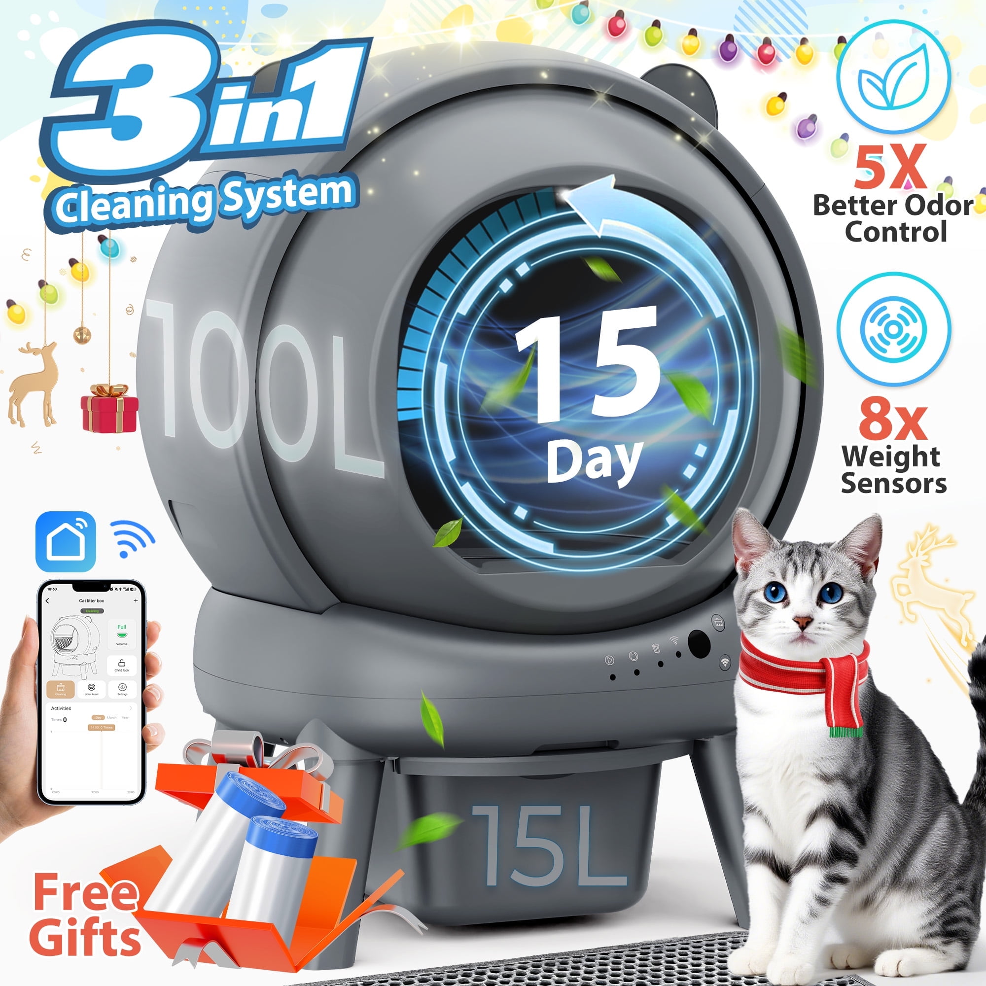Self Cleaning Litter Box, 100 L+15L Automatic Cat Litter Box Self Cleaning for Multiple Cats, with Safety Protection, App Control,2 Roll Garbage Bags+Cat litter mat
