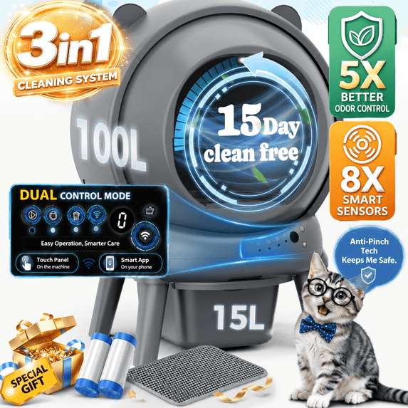 Self Cleaning Litter Box, 100 L+15L Automatic Cat Litter Box Self Cleaning for Multiple Cats, with Safety Protection, App Control,2 Roll Garbage Bags+Cat Litter Mat