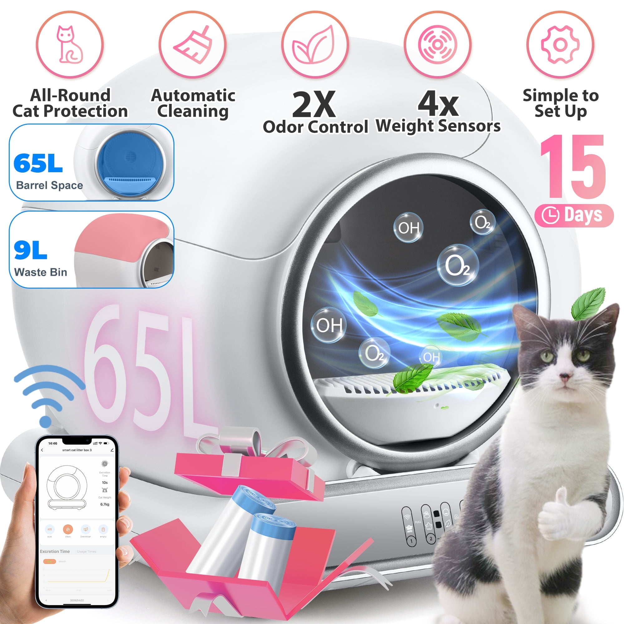 Self Cleaning Litter Box, 65 L+9L Automatic Cat Litter Box Self Cleaning for Multiple Cats, with Safety Protection, App Control,2 Roll Garbage Bags