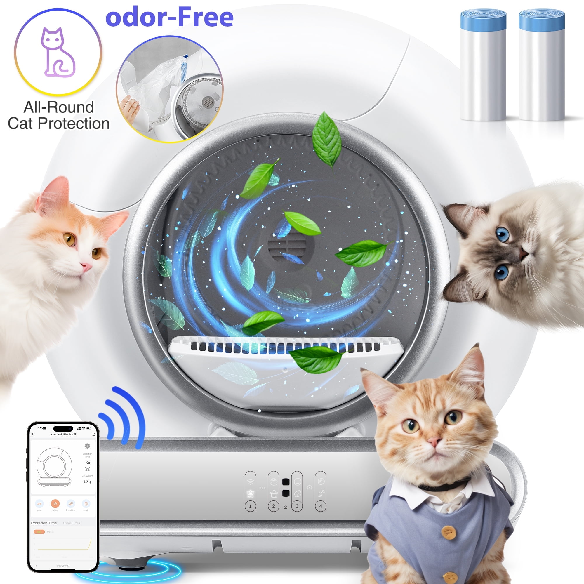 Self Cleaning Litter Box, 65 L+9L Automatic Cat Litter Box Self Cleaning for Multiple Cats, with Safety Protection, App Control,2 Roll Garbage Bags
