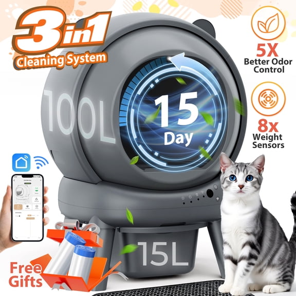 Self Cleaning Litter Box, 100 L+15L Automatic Cat Litter Box Self Cleaning for Multiple Cats, with Safety Protection, App Control,2 Roll Garbage Bags+Cat litter mat