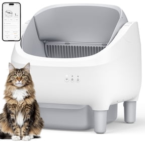 Self Cleaning Litter Box, 95 L Automatic Cat Litter Box Self Cleaning for Multiple Cats, with Safety Protection, App Control,1 Roll Garbage Bags,White & Grey