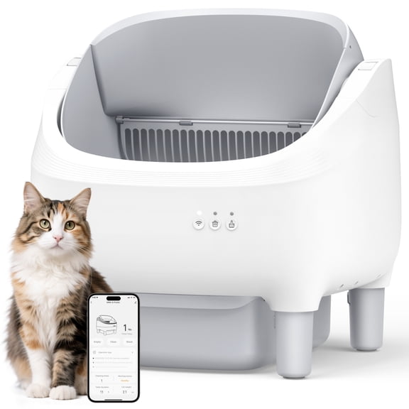 Self Cleaning Litter Box, 95 L Automatic Cat Litter Box Self Cleaning for Multiple Cats, with Safety Protection, App Control,1 Roll Garbage Bags,White & Grey