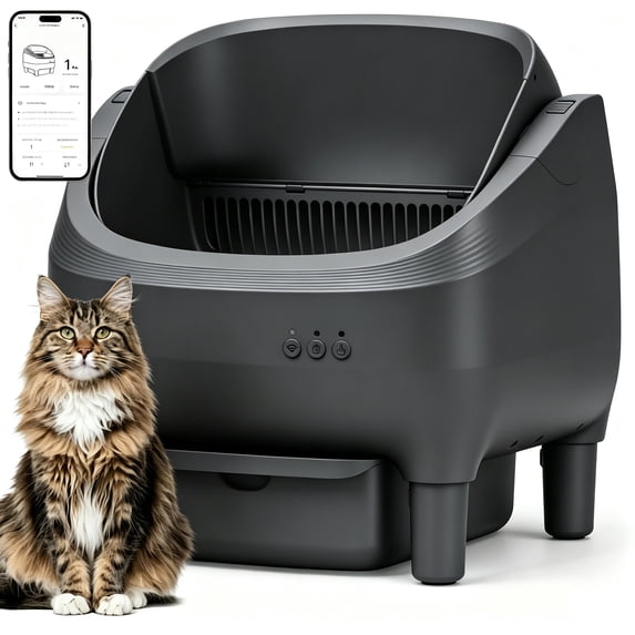 Self Cleaning Litter Box, 95 L Automatic Cat Litter Box Self Cleaning for Multiple Cats, with Safety Protection, App Control,1 Roll Garbage Bags,White & Grey