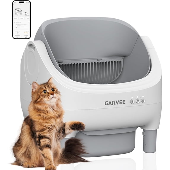 Self Cleaning Litter Box - Automatic Cat Litter Box with APP Control - Odor-Free Waste Disposal Includes Trash Bags - Large Waste Bin - Open-Top - for Multiple Cats - Light Grey