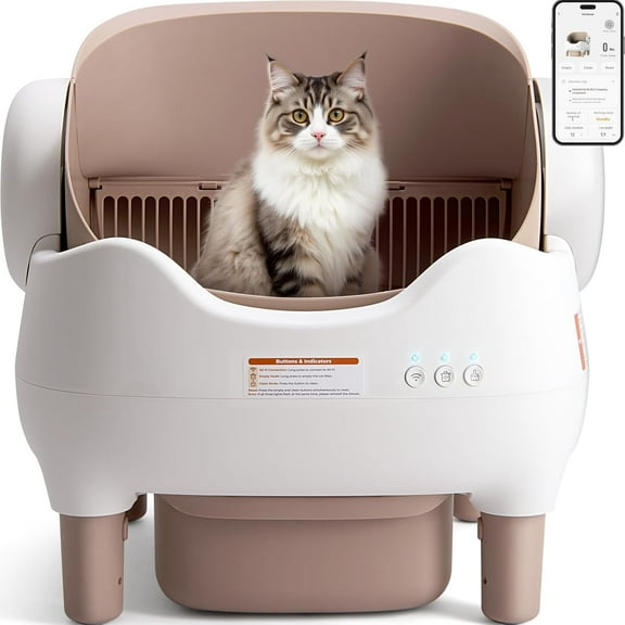 Smart Self-Cleaning Cat Litter Box, App-Controlled, Dual Odor Elimination, 2-Week Auto Maintenance, Large Waste Bin, Open-Top, Multi-Cat