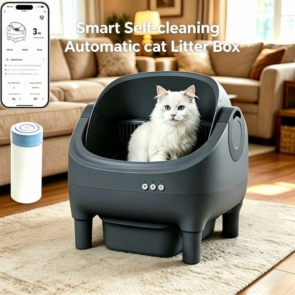 Self-Cleaning Litter Box, Automatic Cat Litter Box with APP Control, Open-Design Electric Litter Box, Safety Anti-Pinch, Odor-Free Waste Disposal Includes Trash Bags, Suitable for Multiple Cats, With
