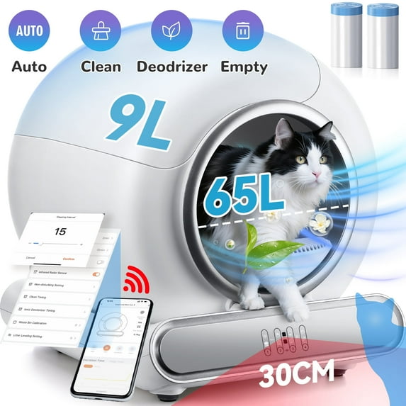 Self-Cleaning Litter Box, Automatic Cat Litter Box with APP Remote Monitoring, Not Disturb Mode, 65+9L Large Capacity for Multiple Cats, Safety Protection Sensor & Odor Isolation