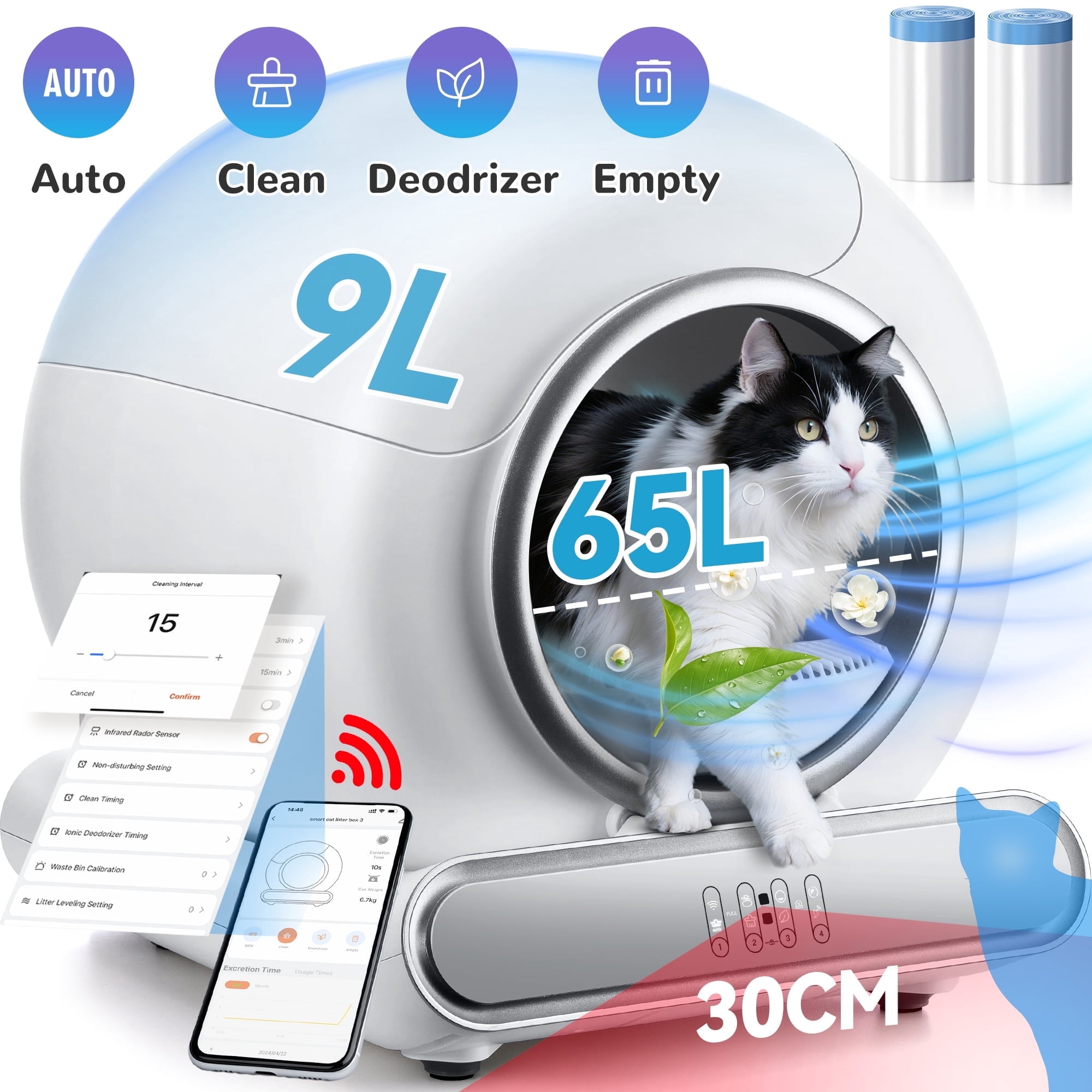 Self-Cleaning Litter Box, Automatic Cat Litter Box with APP Remote Monitoring, Not Disturb Mode, 65+9L Large Capacity for Multiple Cats, Safety Protection Sensor & Odor Isolation