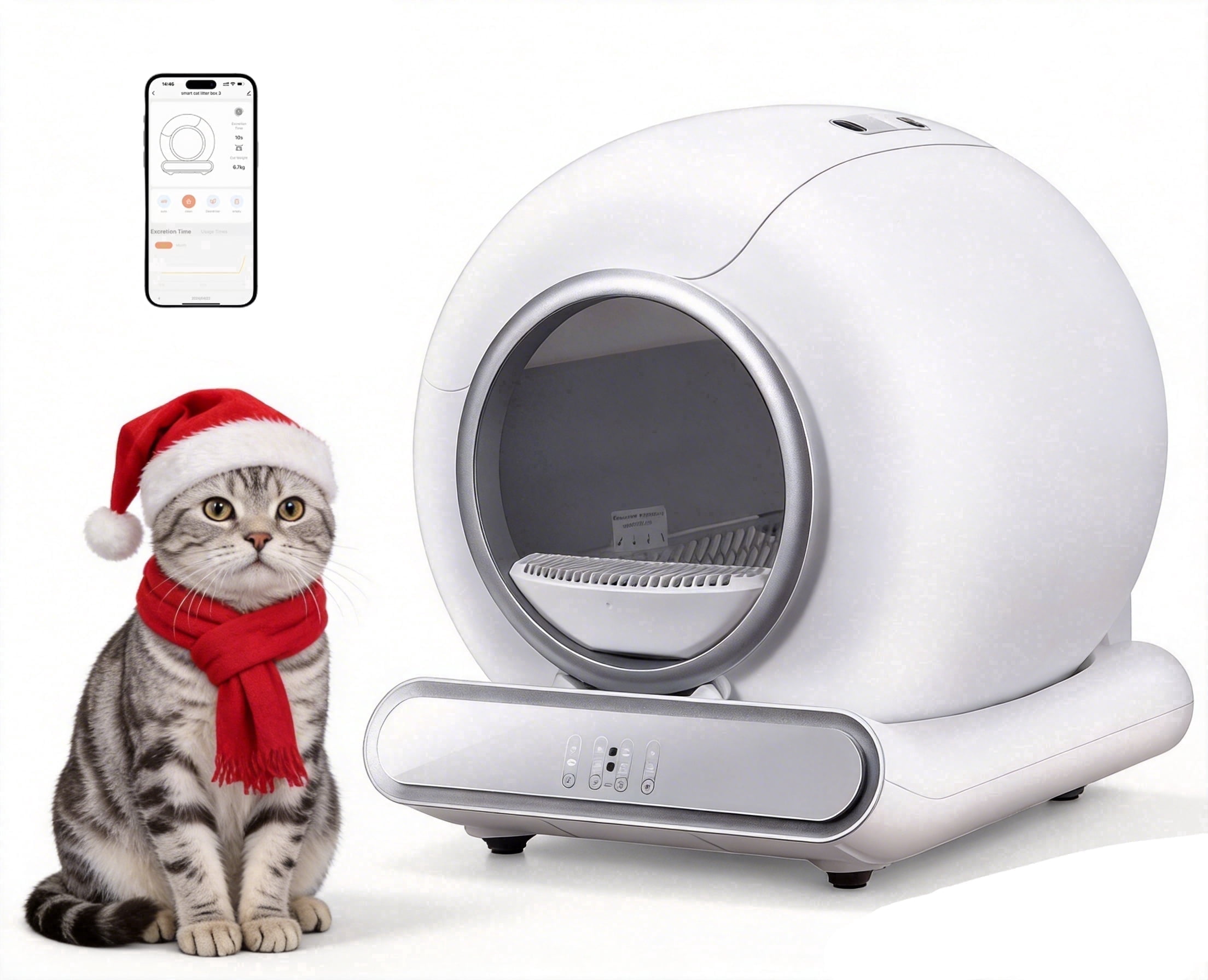 Self Cleaning Litter Box, Automatic Cat Litter Box for Multiple Cats, 65L+9L Large Capacity, 2 Rolls Liner, Negative ion Deodorization, APP Control, Toilet Monitorin, White