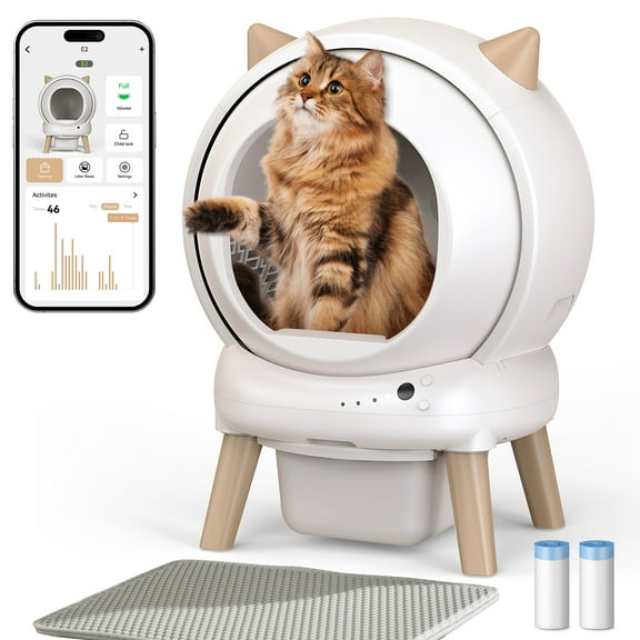 Self Cleaning Litter Box - E2 Automatic Cat Litter Box Large Smart Self Cleaning Robot for Cats,Double Safety Protection,App Control,2 Roll Garbage Bags & Mat