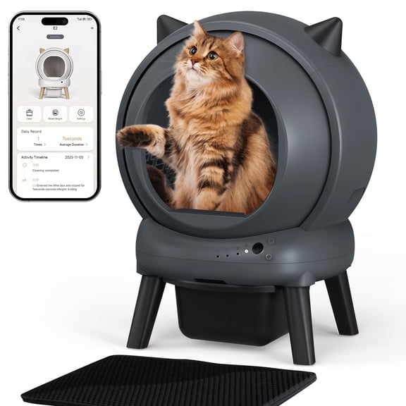 Self Cleaning Litter Box - E2 Automatic Cat Litter Box Large Smart Self Cleaning Robot for Cats,Double Safety Protection,App Control,2 Roll Garbage Bags & Mat