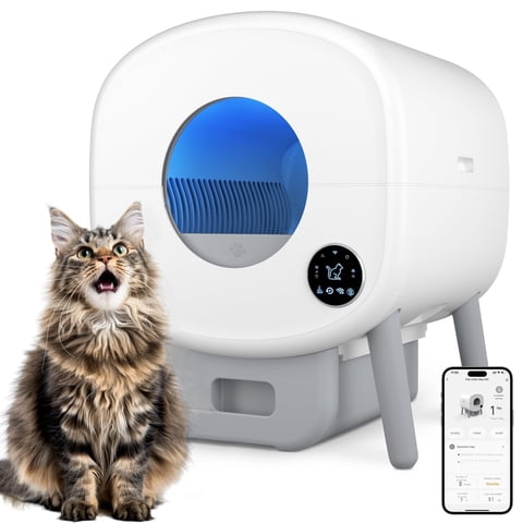 Self Cleaning Litter Box, Large Capacity Automatic Cat Litter Box Self Cleaning for Cats, App Control,Safety Protection, 2 Roll Garbage Bags,White & Grey