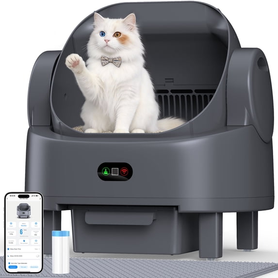 Self-Cleaning Litter Box for Multiple Cats – Automatic Open-Top Cat Litter Box with App Control & Smart Safety Sensors – Includes Litter Liner Bags & Waterproof Litter Mat – Gray