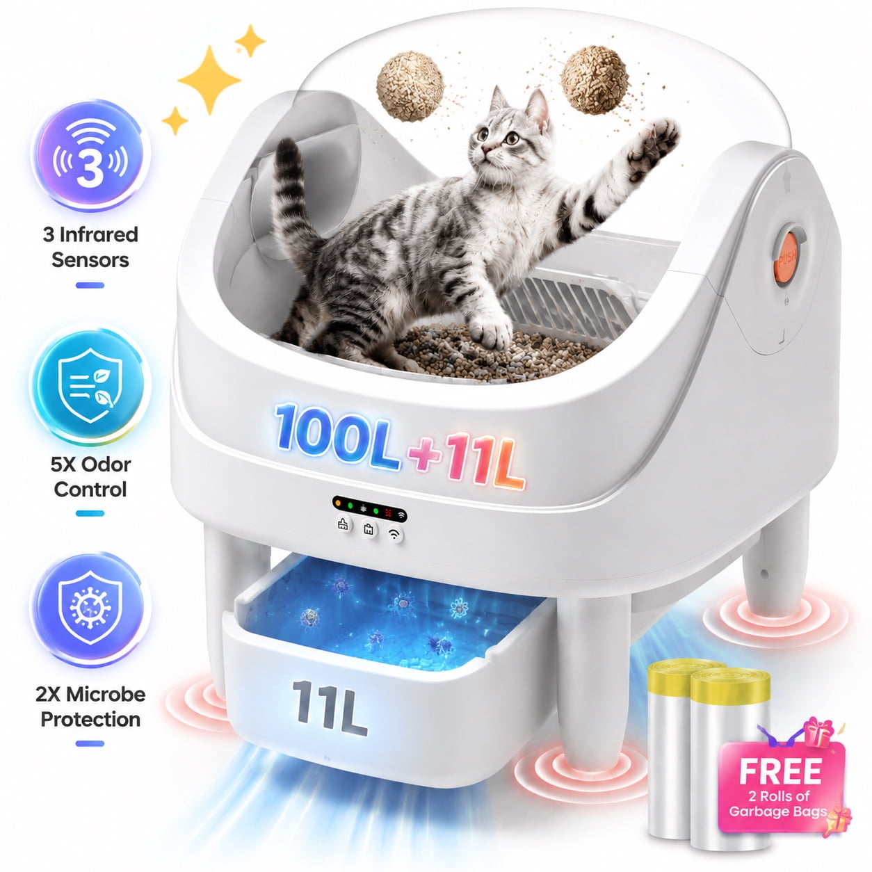 Self-Cleaning Litter Box for Multiple Cats – Automatic Open-Top Cat Litter Box with App Control & Smart Safety Sensors – Includes Litter Liner Bags & Waterproof Litter Mat, Upgraded UV Blue Light