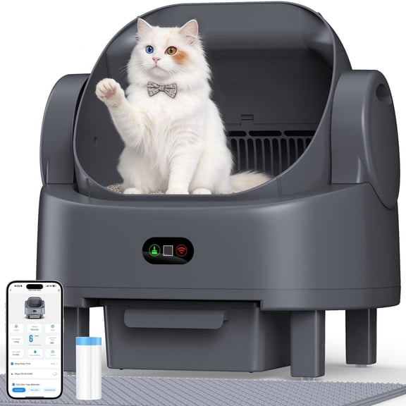 Self-Cleaning Litter Box for Multiple Cats Automatic Open-Top Cat Litter Box with App Control & Smart Safety Sensors Includes Litter Liner Bags & Waterproof Litter Mat Gray