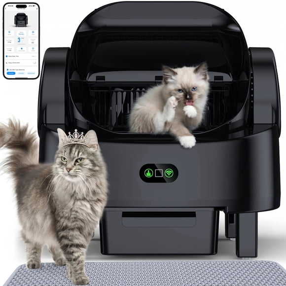 Self-Cleaning Litter Box for Multiple Cats Automatic Open-Top Cat Litter Box with App Control & Smart Safety Sensors Includes Litter Liner Bags & Waterproof Litter Mat Black