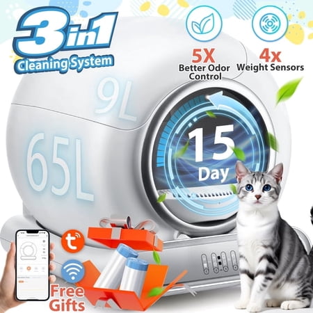 Self Cleaning Litter Box, Automatic Cat Litter Box Self Cleaning for Multiple Cats, Smart Litter Box Scoopfree Covered Ultra Cleaning -Odor Removal -APP Control Smart Litter Box, White