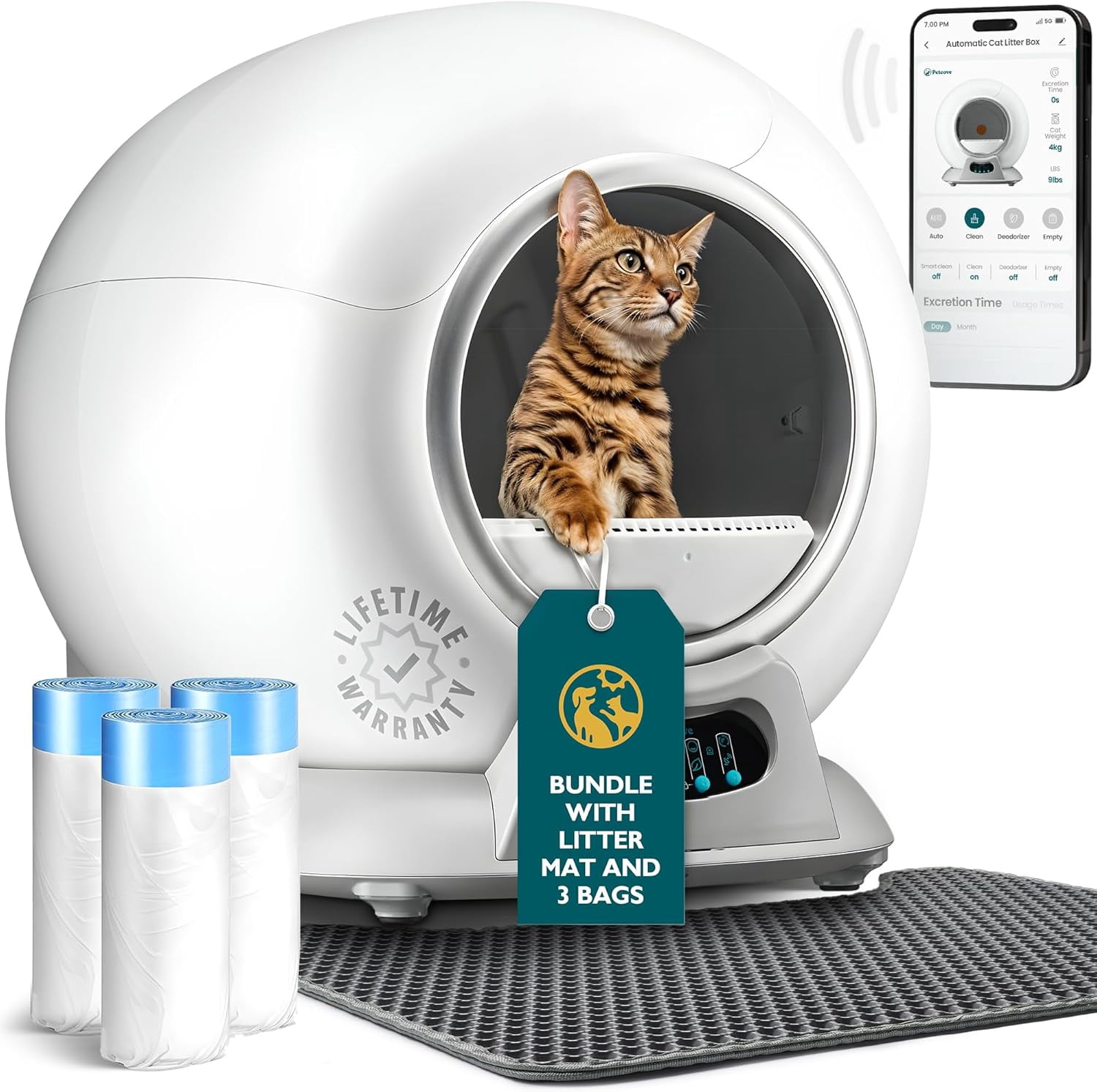 Petcove Self-Cleaning Litter Box for Multiple Cats with Auto Safety Sensors and Smart App Control - Gray 3 bag rolls and mat bundle