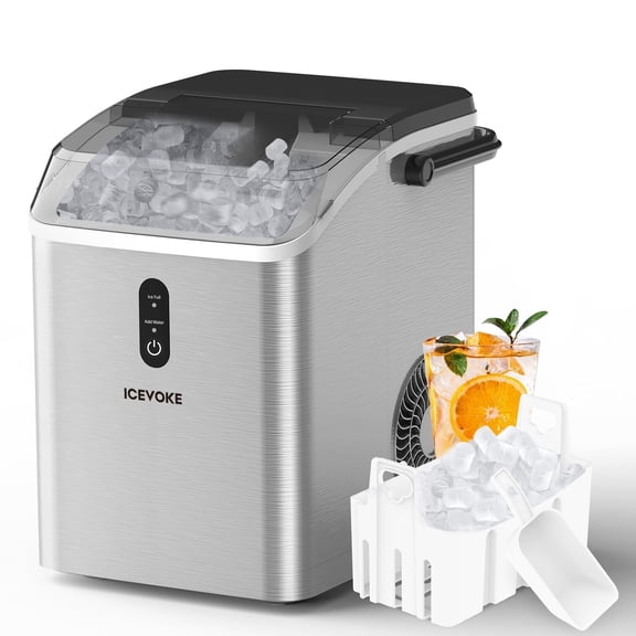 ICEVOKE Self-Cleaning Nugget Ice Maker Countertop with Handle - 33lbs/24H - Ready in 5 Mins, Portable Ice Maker with Basket and Scoop, for Home/Party/RV/Camping (Silvery)