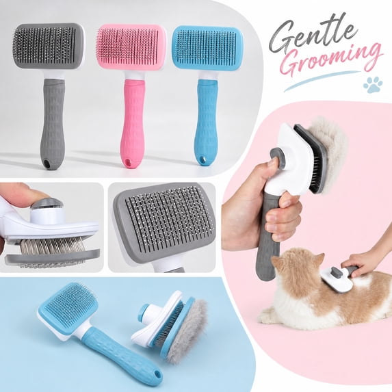 Self-Cleaning Slicker Brush for Cats – Pet Grooming Tool for Removing Mats,Tangles,and Loose Fur,Pink