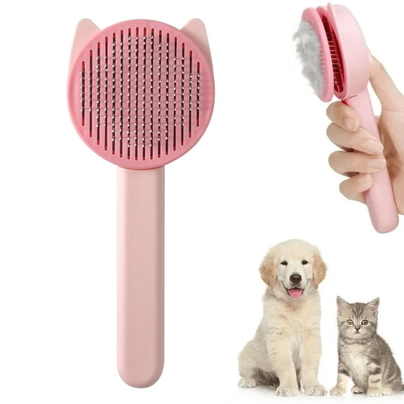 Self-Cleaning Slicker Brush for Cats and Dogs, Cute Shape Stainless Steel Pet Needle Comb, Effective Floating Hair Removal Grooming Tool,Pink