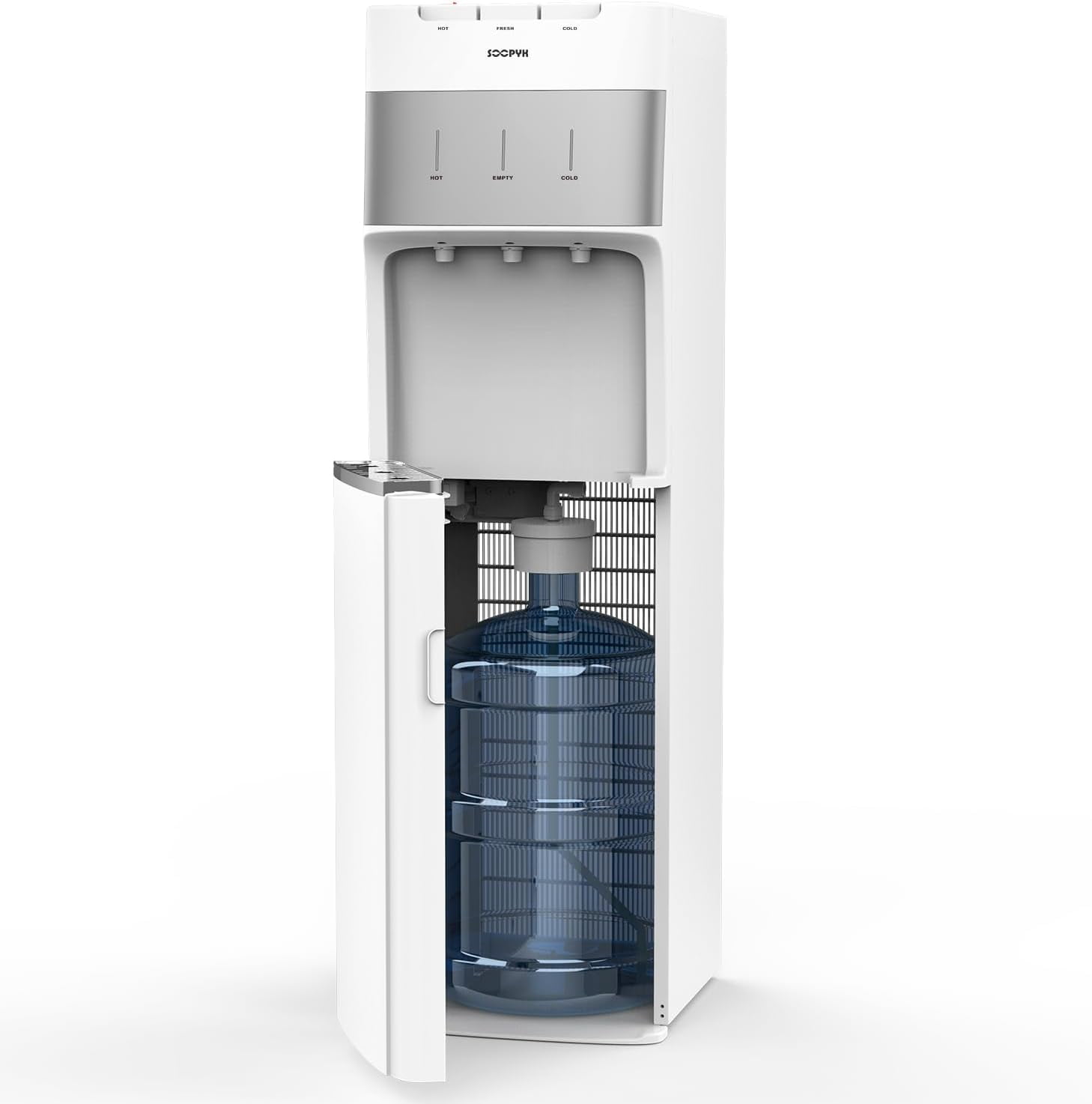 Self Cleaning Water Cooler Dispenser for 3-5 Gallon Bottles Bottom Load,Hot Cold and Room, Child Safety Lock, Empty Bottle Alert, White