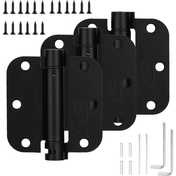 Self-Closing Door Hinge 3.5 Inch Rounded 5/8 Radius Interior, Spring Loaded Hinge Adjustable Tension for Garage Residential Standard Bedroom Indoor Doors, 3 Pack, Matte Black, UL Listed