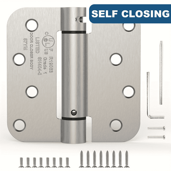 Treasem Self Closing Door Hinges, Auto Closing Spring Hinges with Adjustable Tension, UL Listed, 4 inch, 5/8'' Radius Corners, 1 Pack, Satin Nickel
