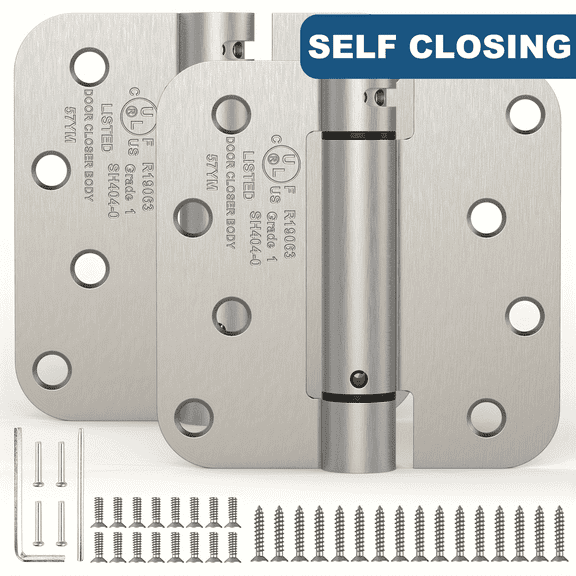 Treasem Self Closing Door Hinges, Auto Closing Spring Hinges with Adjustable Tension, UL Listed, 4 inch, 5/8'' Radius Corners, 1 Pack, Satin Nickel