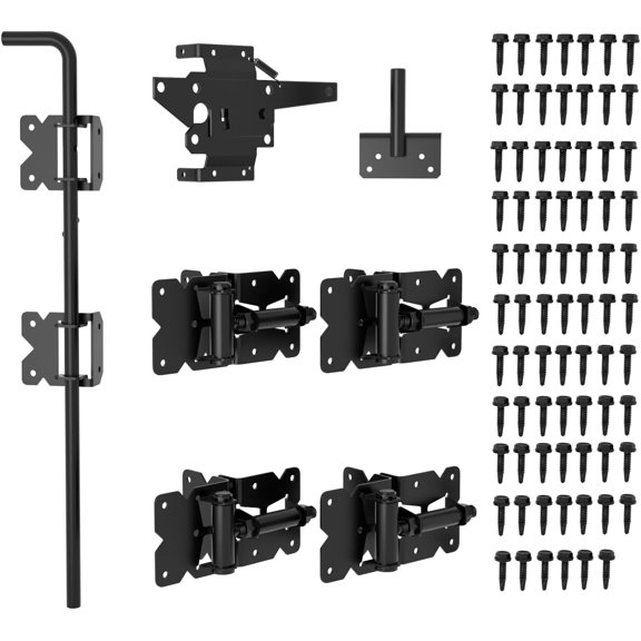 Self-Closing Fence Gate Hinges, Latch, and 24" Drop Rod for Double Gate Fence, Fence Gate Hardware - Easy to Install, Sturdy and Durable - Black Plastic Coated(smzt-01)