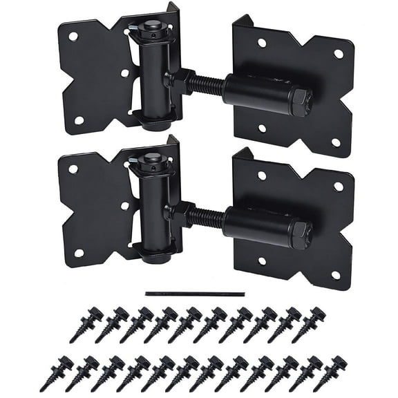 Self Closing Gate Hardware Hinges Heavy Duty for Wooden/Vinyl/PVC Fences, 90 Degree Adjustable, with Installation Screws and Swing Adjuster Tool, Black