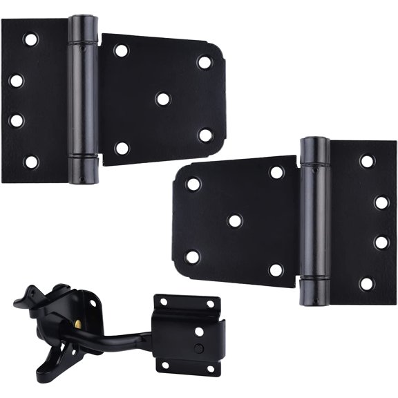 Self-Closing Gate Hardware Kit,1 Pack Self-locking Gate Latch and 2 Pack 3.5inch Heavy Duty Adjustable Spring Gate Square Barn Hinges,Black Finish Gate Hardware Set for Wood Vinyl Fence Gate Shed Doo