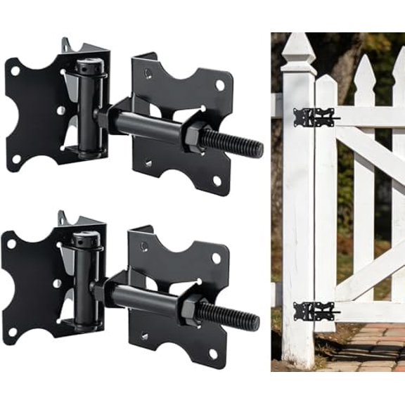 Self Closing Gate Hinges, Heavy Duty Gate Hardware Vinyl Door Closer Hinges, 90 Degree Adjustable Gate Hinges with Swing Adjustment Tool for Vinyl/Wooden Fence, 2 Pack, Black$$Tools & Hardware Other