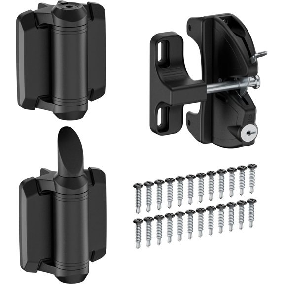 Self Closing Gate Hinges and Key Lockable 2 Sided Gate Latch Gate Hardware Kit,Two Sided Self Locking Gate Latch and No Rust Pool Gate Hinges for Outdoor Metal/Vinyl Fence,Locking Gate Door Lock Latc