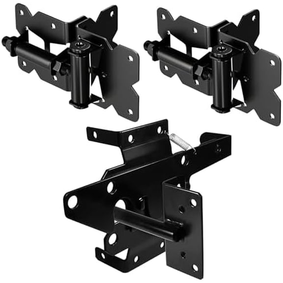 Self Closing Gate Hinges with Latch Hardware Kit for Vinyl/PVC/Wooden Fence Gates, 90 Degree Adjustable Gate Door Hinges Hardware Kit with Swing Adjuster Tool and Self-Tapping Screws