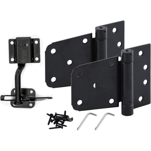 Self-Closing Gate Kit Black - 3.5 in Spring Tee Hinges 2 Pack + Self-Adjusting Gate Latch 1 Pack
