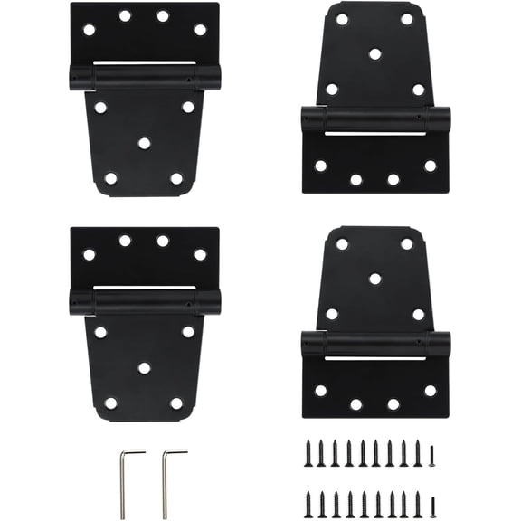 Self-Closing Spring Gate Hinge 3-1/2" Heavy Duty Automatic T Hinges Steel, Black Finish with Screws 4-Pack for Wood Fence Gate Vinyl Shed Door,