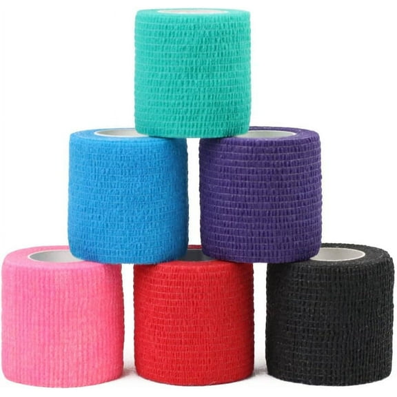 Self Cohesive Bandage Wrap, Assorted Colors, 2''x5 Yards, 6 Pack, Elastic Bandage, Stick Stretch Medical & Sport Injury Red, Green, Pink Blue