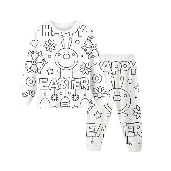Self Coloring Pjs Boys And Girls Easter DIY Bunny And Egg Hand Painted Pajamas for K‭i‭d‭s Homewear Set 2PCS #White 2-3 Years