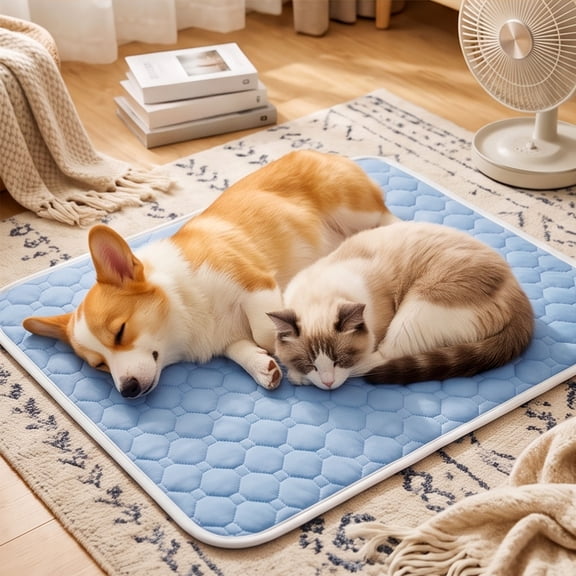 Self Cooling Pet Mat Ice Silk Breathable Chill Mat for Dogs Cats Non Slip Cool Sleeping Pad Summer Hot Weather Relief(Blue-M)