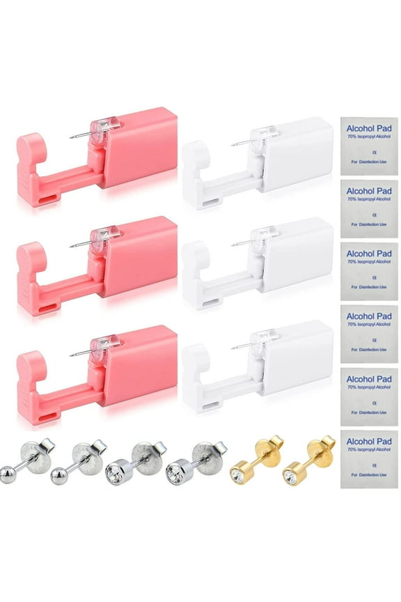 Self Disposable Ear Piercing Gun Kit, 6 Pack Self Ear Piercing Set, Safety At Home Ear Piercing Earrings Studs Piercing Gun Kit No Pain Easy Use Tool with Surgical Steel Earrings Studs Women