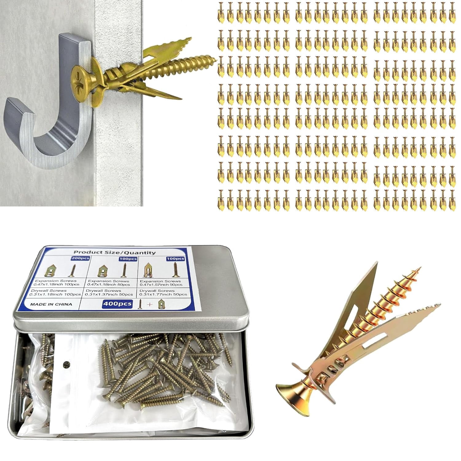 Self-Drilling Drywall Anchors-400PCS,Zinc Drywall Anchors, Expansion Screws for Drywall,3 Sizes Heavy Duty Screw Anchors Kit,No Drill and Holes in Wall