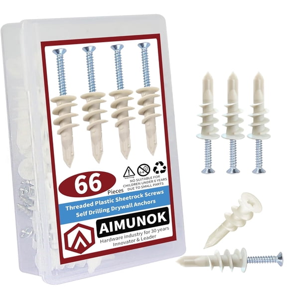 Self Drilling Drywall Anchors, 66PCS Nylon Plastic Wall Anchors and Screws for Drywall, No Pre Drill Hole Preparation Required, | 33 Anchors + 33 Screws